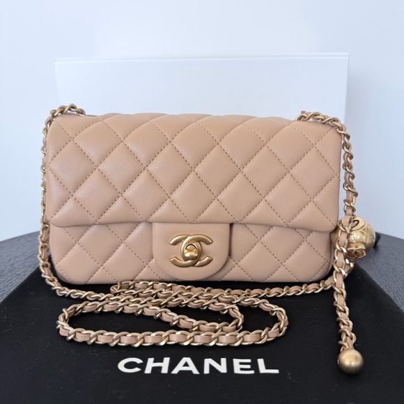 CHANEL Handbags - 100% Auth Chanel Pearl Crush Mini Rectangular Flap Bag Lambskin Beige Gold HW